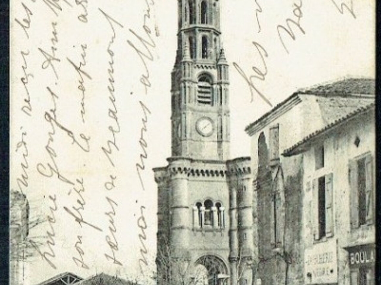 carte postale noir et blanc clochet église de Meauzac